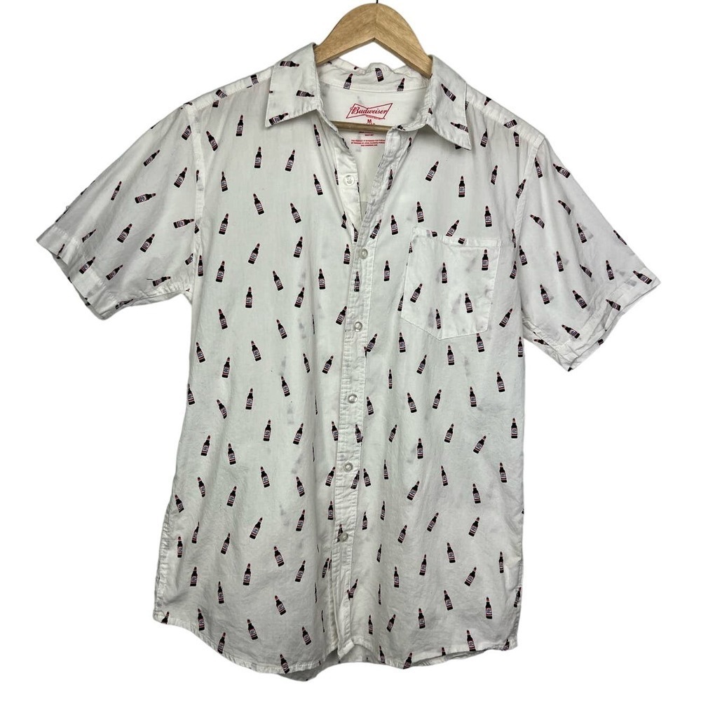 Budweiser White Casual Cotton Button Up Beer BBQ Party Novelty Shirt M 38/40